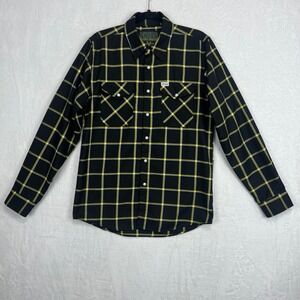 Dixxon Flannel Vogue Tyres LongSleeve Shirt Mens S Black Yellow Plaid Pearl Snap